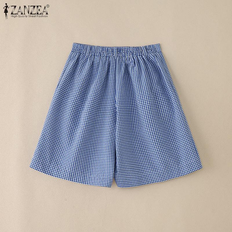 ZANZEA Women Casual Elastic High Waist Loose Plaid Print Shorts