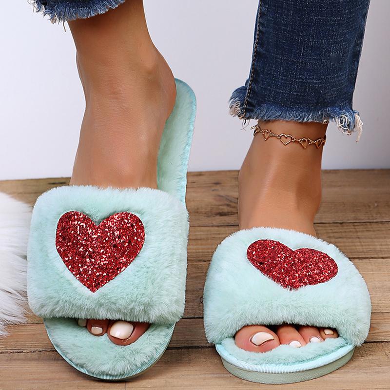 Fashion Fashion Heart Shaped Sequin Plush Slippers Women Open Toe Faux Fur Indoor Home Slides Woman Autumn Winter Fluffy Flat Slippers