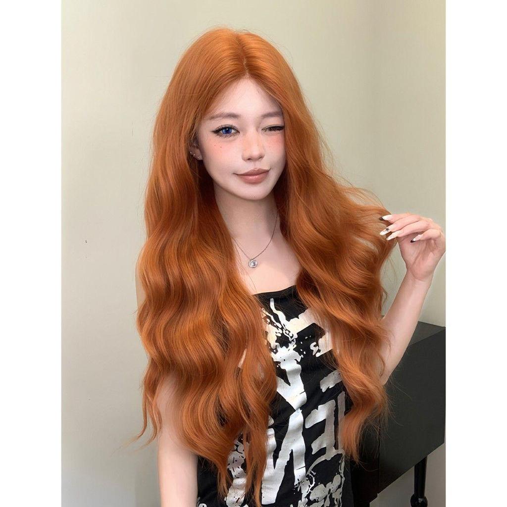 Damenperücke in schmutzigem Orange, lang und lockig, mit Mittelscheitel - Natürlicher Look für den täglichen Gebrauch