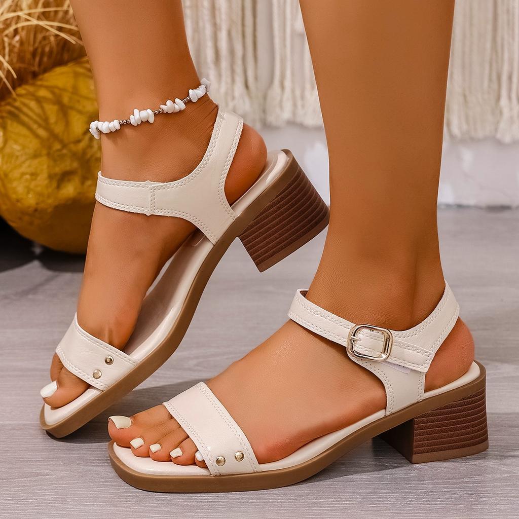 Retro thick-heeled sandals women's summer new open-toed non-slip soft-soled one-word buckle women's sandals