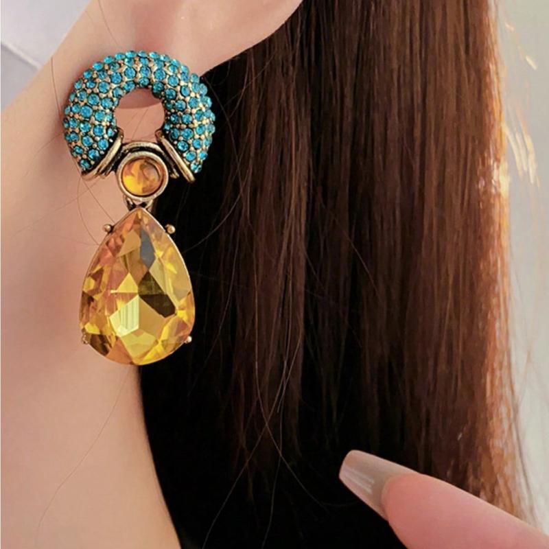 Retro Personalized Circle Water Drop Pendant with Zircon Imitation Zircon Multi Color Metal Women's Earrings