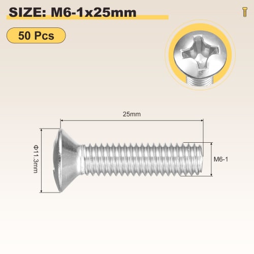 METALLIXITY M6 x 25 Round Head Machine Screws, Phillips Head, 304 Stainless Steel, 50 Pieces, for Appliance Repair, Woodworking, Industrial, and Autom
