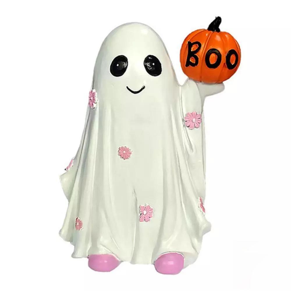 Cartoon Ghost Hold Pumpkin Sculpture Mini Resin Ghost Ornament Halloween Ghost Figurine  Desktop