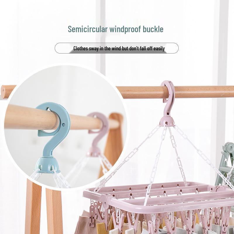 32-Clip Multi-Functional Folding Clothes Drying Rack - Windproof Plastic Hanger for Socks and More
