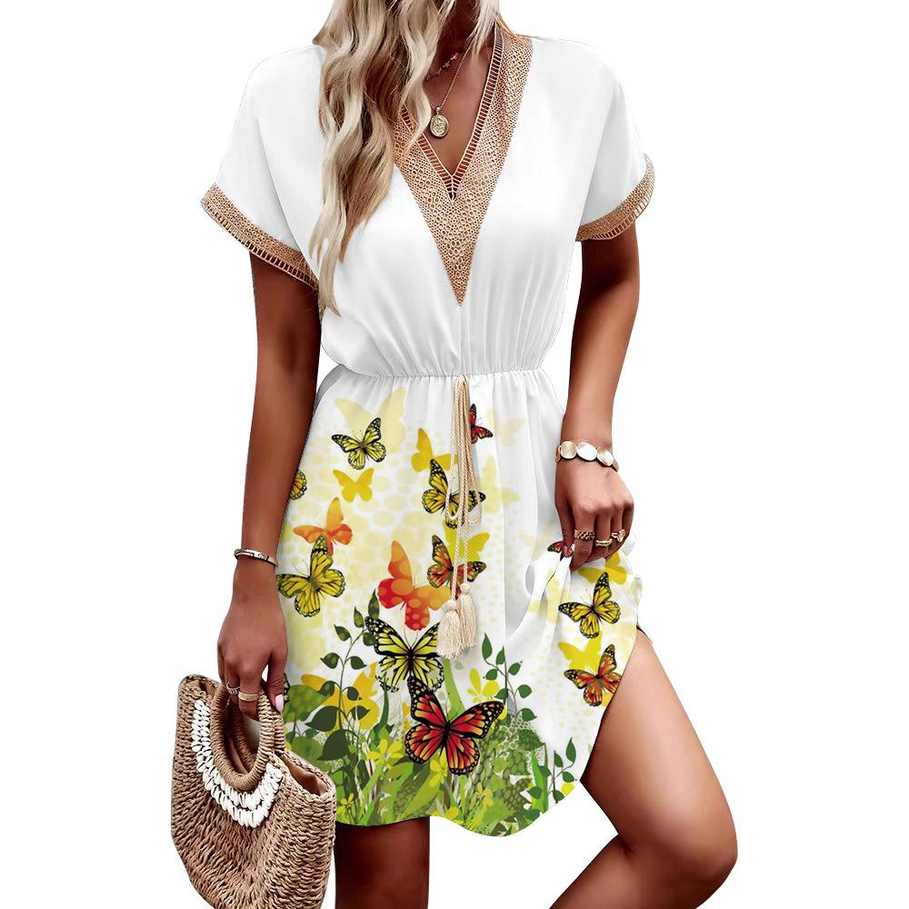 IHUASU Frühlings-/Sommer-Print, kurzärmliges Spitzenkleid mit V-Ausschnitt und Taille