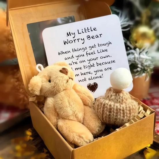 Mini Plush Teddy Bear Box Emotional Support Teddy with Message Card Pocket-Sized Hug Bear Doll for Graduation Anxiety Relief Friends