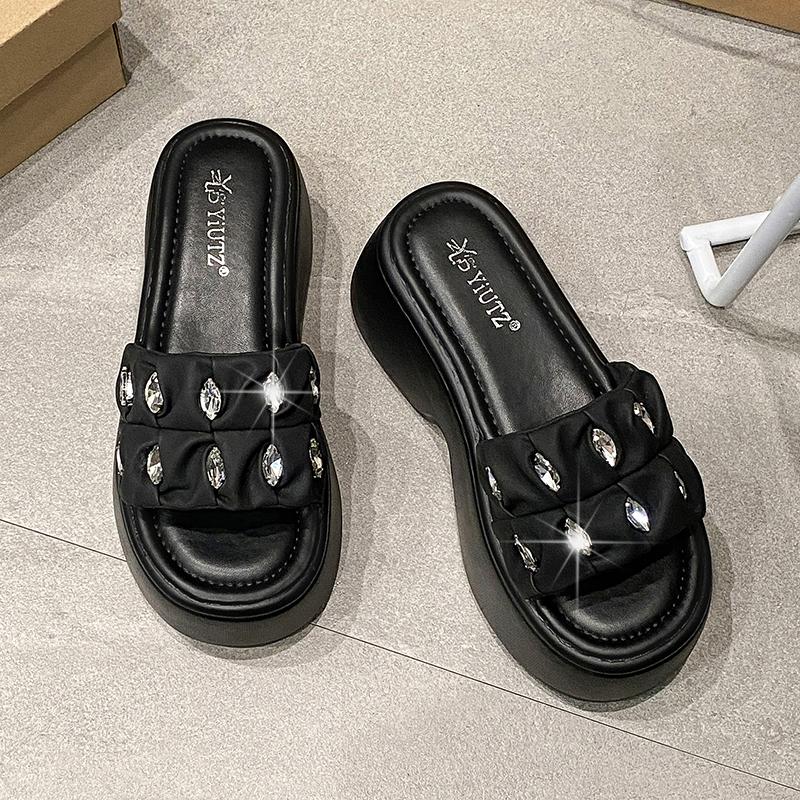 Fashion 8CM Summer High Platform Women Sandals Wedge Heels Slippers Crystal New Beach Outside Chunky Sandals Comfort Casual Slides Woman