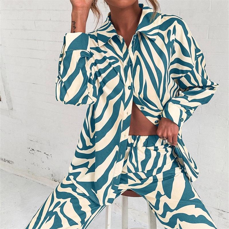 Autumn Elegant Long Sleeve Top And Elastic High Waist Trousers Suit Trouser Suits Loose Stripe Women Shirt Pants Two Piece Set