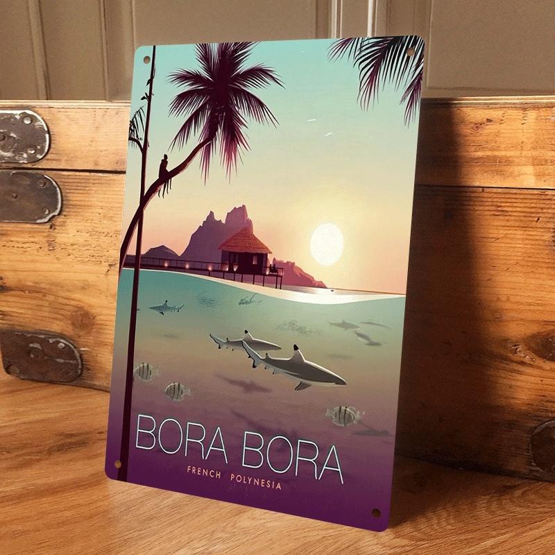 

1 piece of vintage tinplate painting from French Polynesia, Bora Bora: Tropical sunset, palm trees, ocean sharks, beach huts. Su (as the picture,20x30cm)