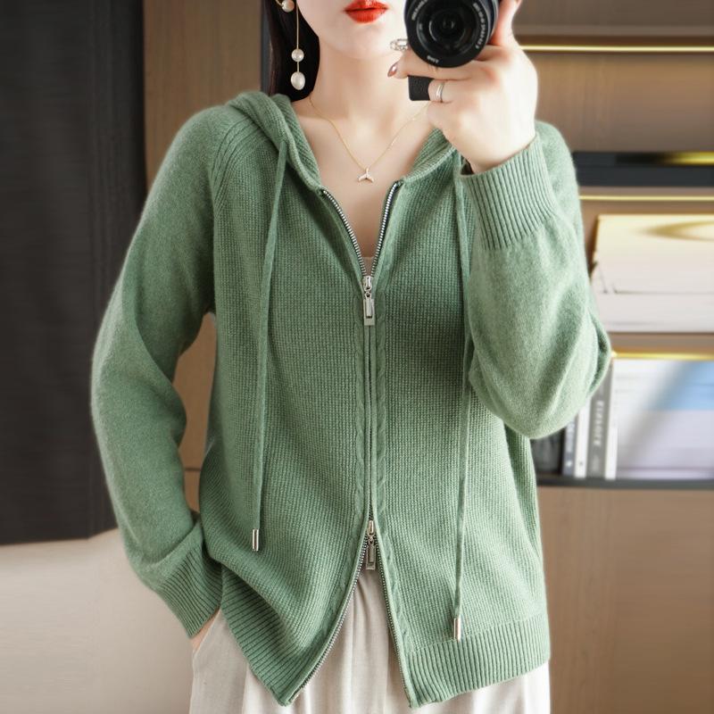 Fashion Hooded Zip Cardigan Women's Autumn and Winter Solid Colour Sweater Coat Casual Versatile Sweater Knitwear