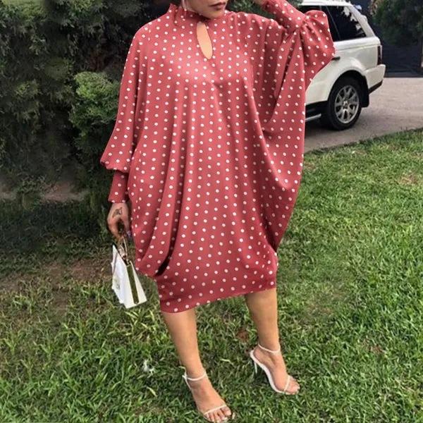 European Beautiful Women's Long-sleeved Holiday Party Dress Casual Loose Polka Dot Print Medium and Long Dress