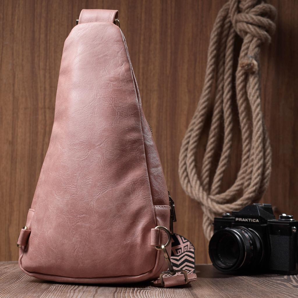 Women's Bag with an Accent On a Textile Strap Made of Smooth Eco-leather VINTAGE Bag 22772 Pink