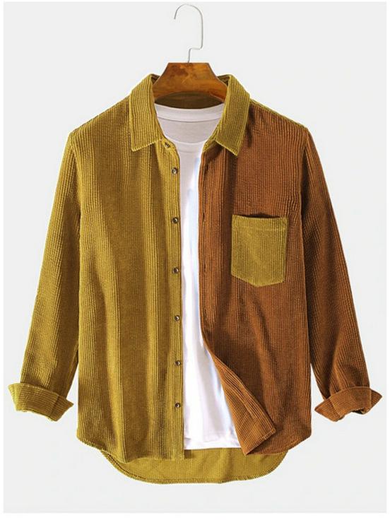 

Осень 2025 г. Мужская вельветовая рубашка свободного кроя с длинным рукавом в стиле колор-блок – корейский японский стиль L кофейный/жёлтый