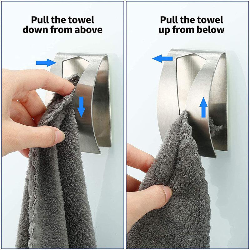 Self Adhesive Towel Hook Holder Grabber, Stainless Steel Kitchen Dish Towel Hook Wall Mount Non-Drilling Towel Rack Storage