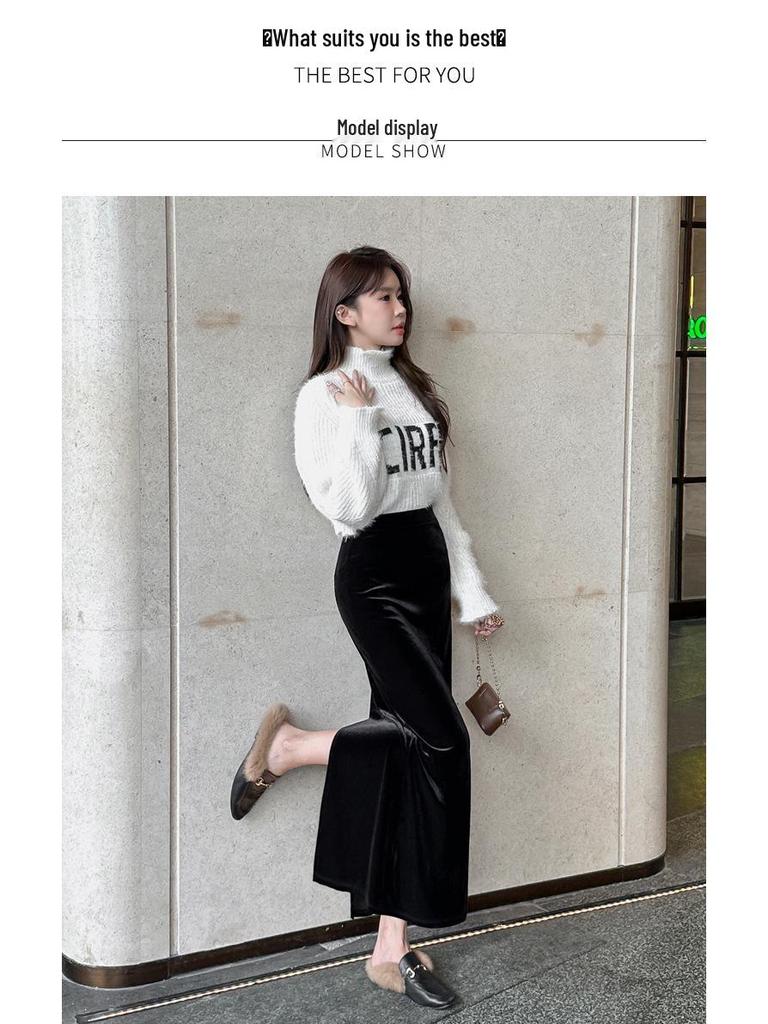 Golden Velvet High-Waist Slit Skirt: Retro Slimming Drape for Women, Spring-Autumn 2026