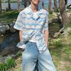 Men Blue Beige Zigzag Print Cuban Collar Short Sleeve Shirt
