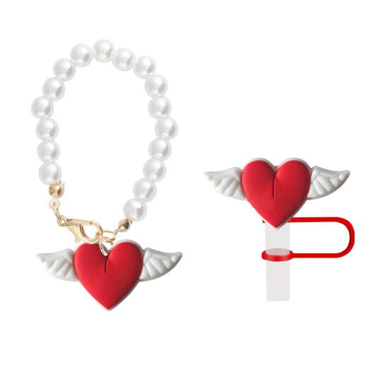 

Набор соломенных чехлов для стакана, цепочка из искусственного жемчуга, подвеска в форме сердца, крыла, воды красный