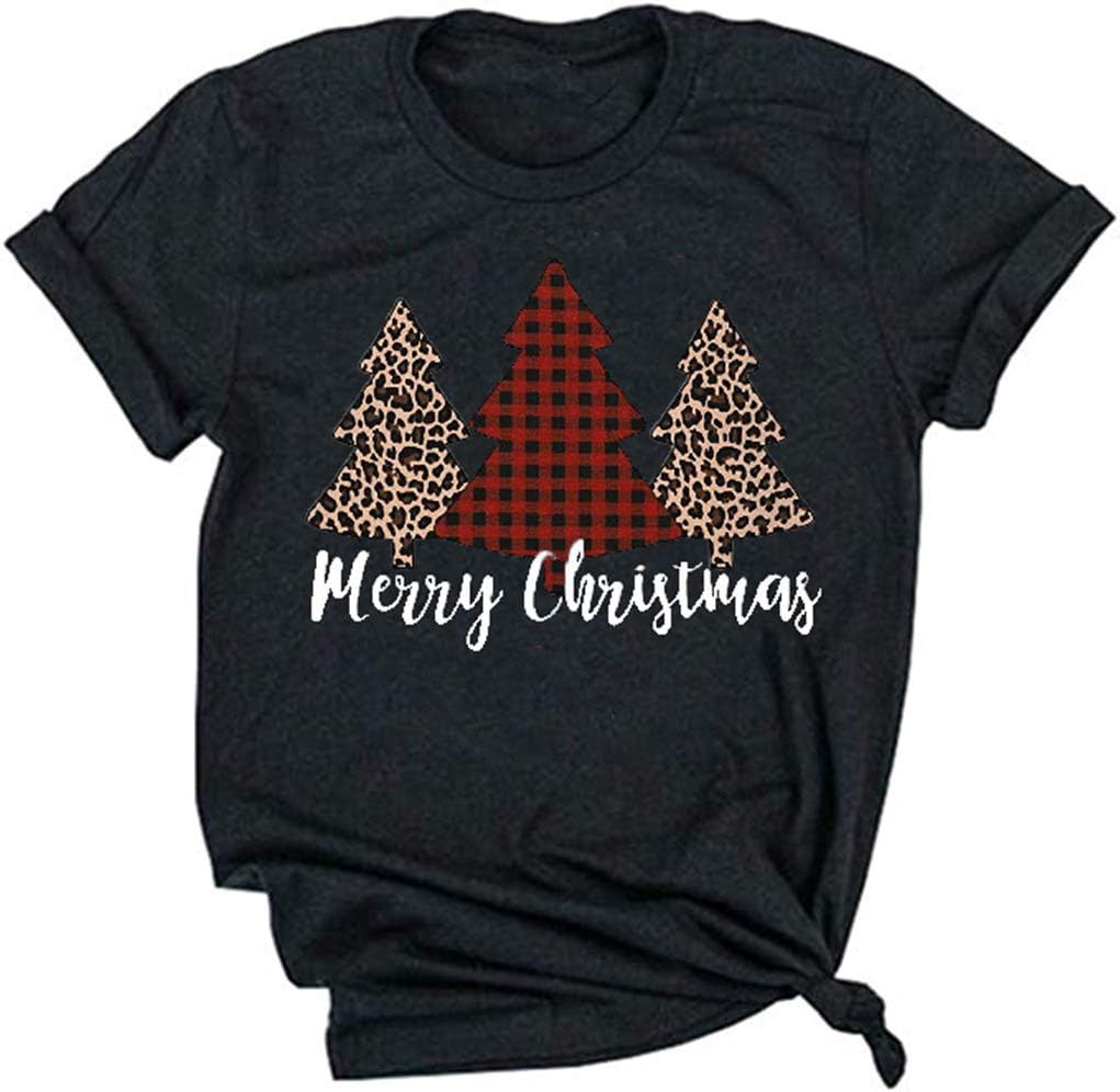 Earlymemb Womens Merry Christmas Tree Leopard Plaid Printed T-Shirt Short Sleeve T-Shirts Tops S