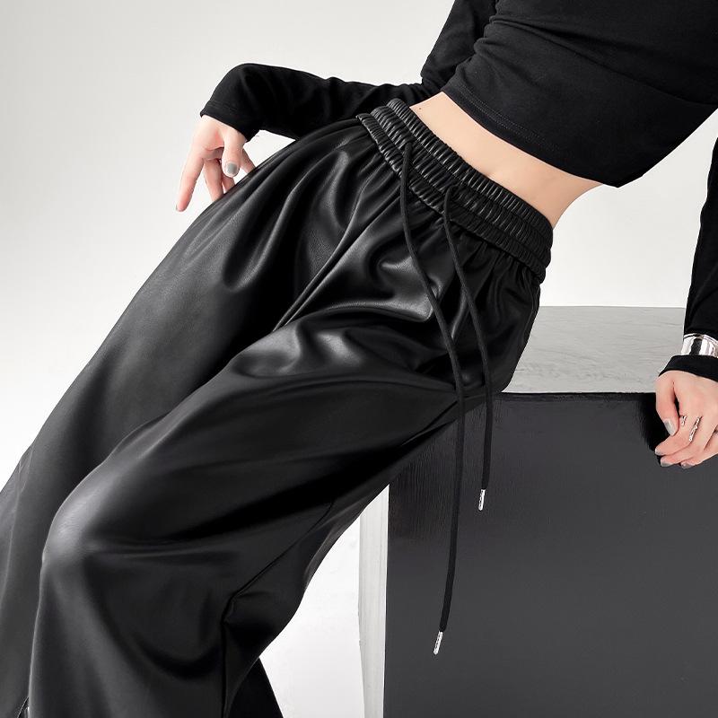 Women's PU Leather High Waist Trousers - Slimming, Versatile, Black with Narrow and Wide Leg Options