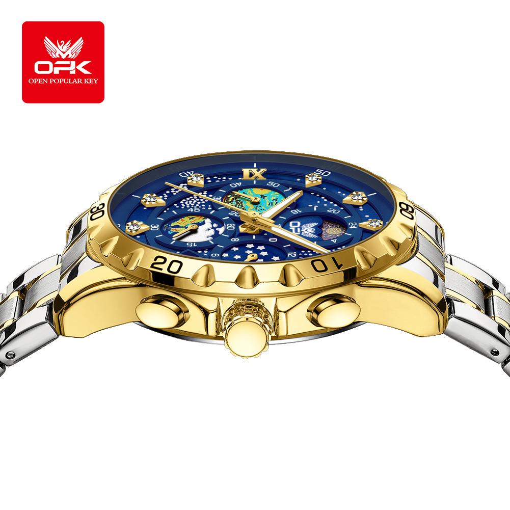 OPK Moon Phase Men's Watches Multi-function Timing Stainleess Steel Luminous Waterproof Watch for Man