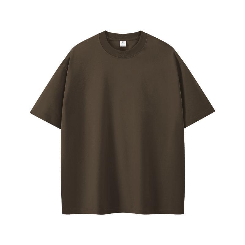 Men's Oversized Round Neck Logo T-Shirt - Solid Color, Drop Shoulder, Pure Cotton, European Size 200g