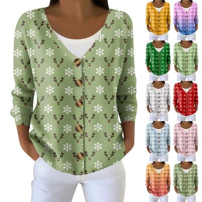 Women's Fashion Long Sleeve Christmas Snowman Snowflake Print Jacket Cardigan