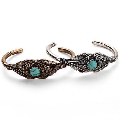 Bracciale rigido da donna retrò con perline e piume in lega con estremità aperta, gioielli etnici Boho