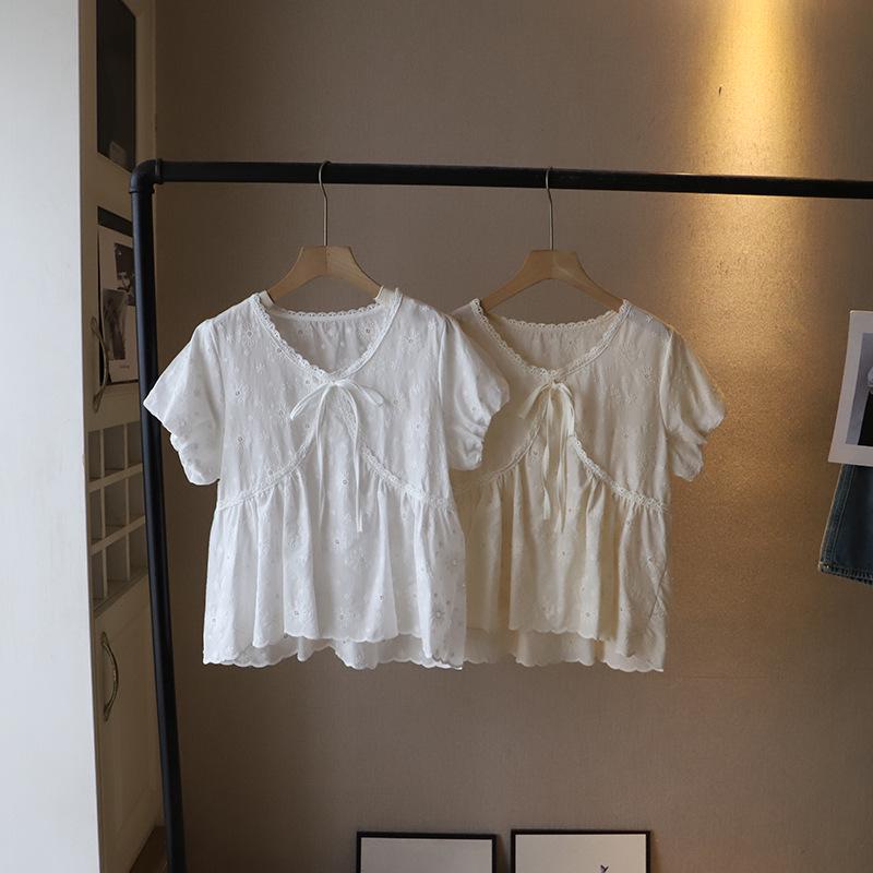 2025 Summer Korean Lace V-Neck Tie-Up Embroidered Short Sleeve Women's Shirt