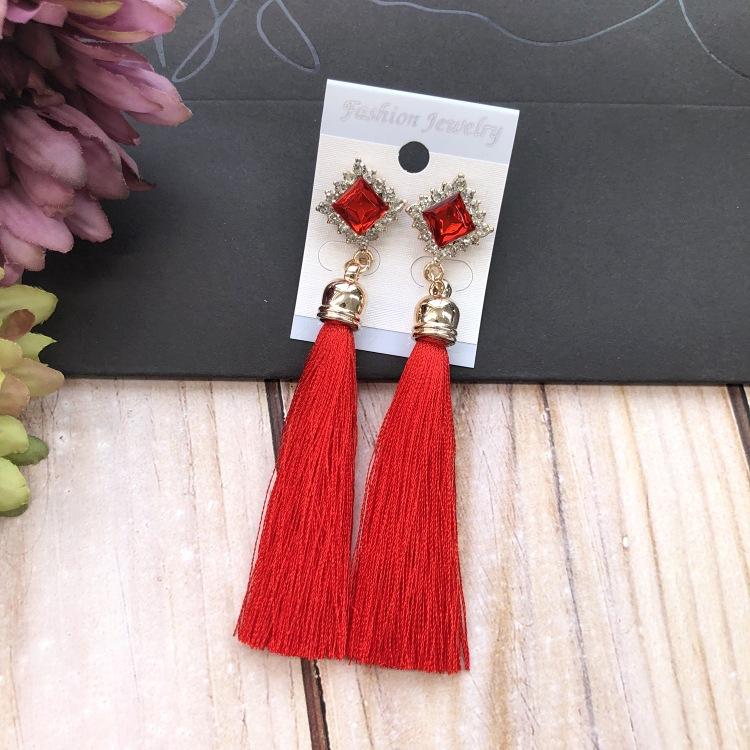 Retro flower gemstone with diamond fringed stud earrings long celebrity temperament earrings women's versatile earrings