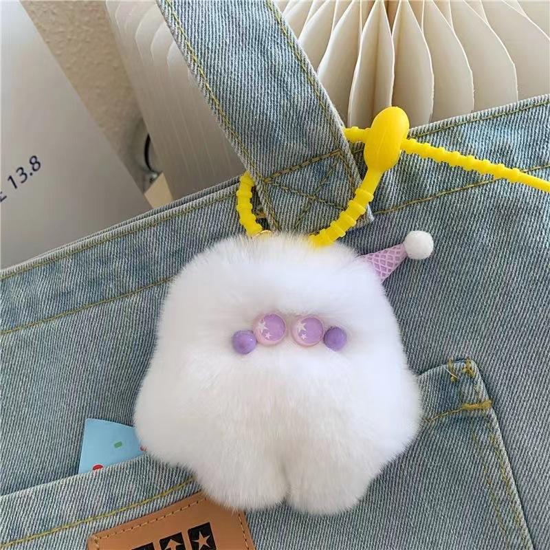Cute Plush Car Keychain Furry Bag Charm with Ice Cream Design
