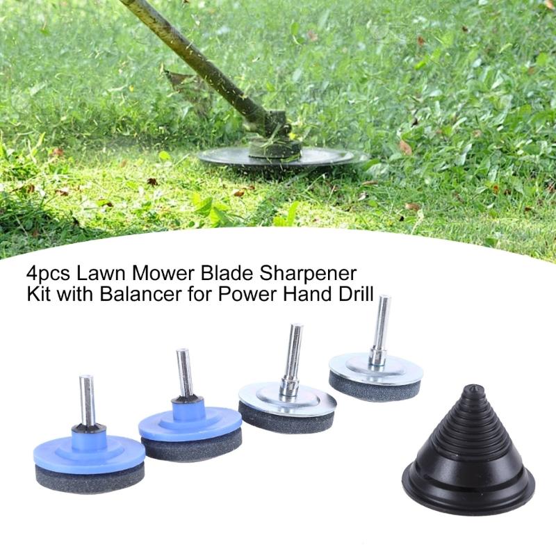 4Pcs Lawnmower Cutter Sharpener with Balancer For Drill With Easy Balance Test, Durability Corundum Constructions