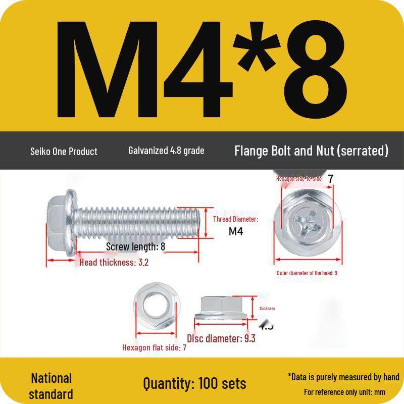 4.8 Grade Galvanized Hex Bolt Set with Anti-slip Washer & Nut, Cross Flange Head, M4/M5/M6/M8mm
