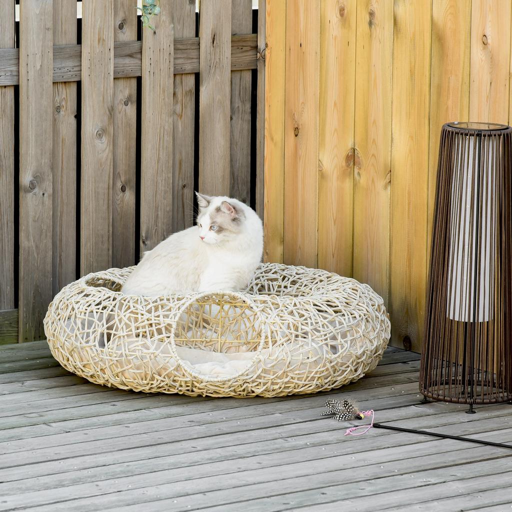 Rattan Cat Bed 78x69x22 Cm Plump Cat Basket with Soft Cushion 3 Access Holes Cat Tunnel Natural Wood