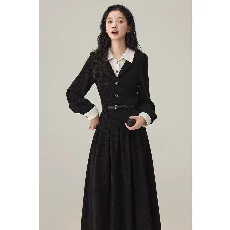 New Xiaoxiangfeng Black Fake Two-piece Dress, Children's Autumn and Winter Teaching Interview Commuting Temperament Long Dress