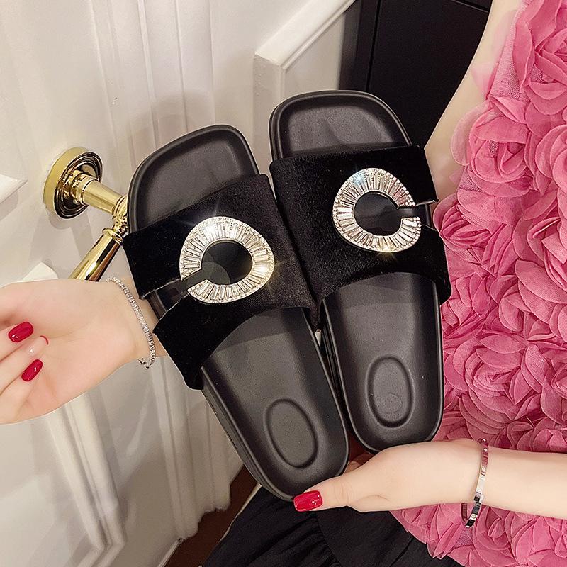 2025 New Rhinestone Flat Sandals Velvet Women's Shoes Fashion Versatile Casual Word with Sandals Beach Cool