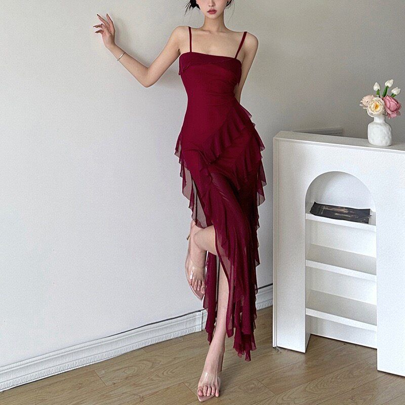 Сексуальное сетчатое прозрачное платье с halter-топом Сексуальное сетчатое платье на бретельках Burgundy S