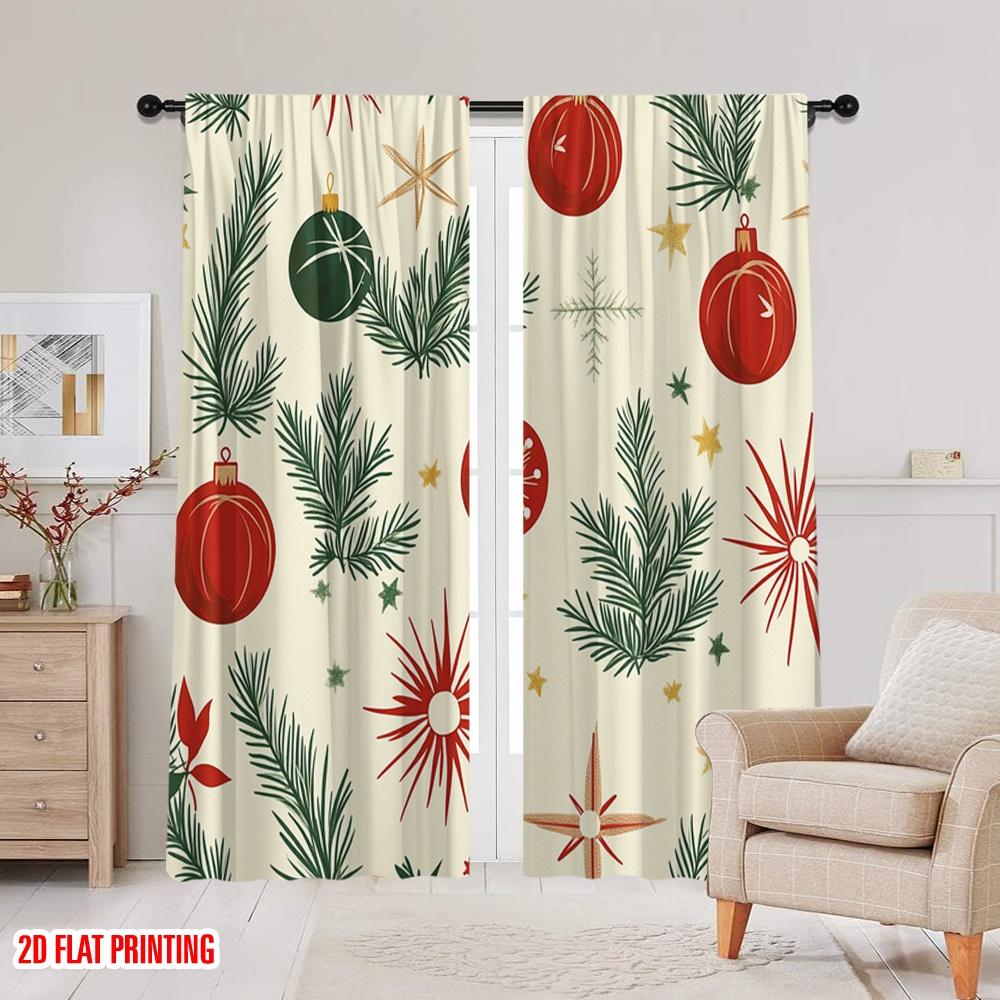 2pcs,2D Plane Printing Curtains Christmas Baubles Pine Branches Stars (2) Polyester (without Rod) Holiday for Various Room Types