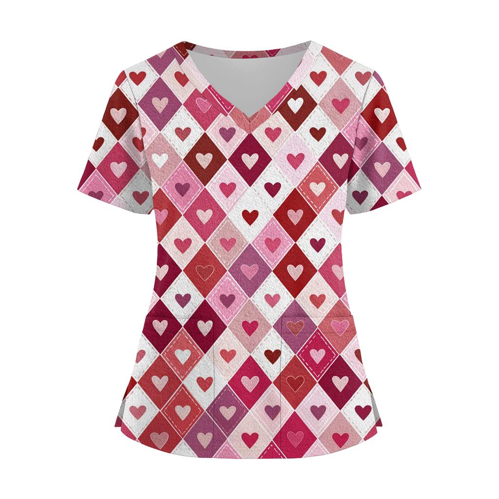 Damenmode V-Ausschnitt Kurzarm Overalls mit Taschen Print Tops Kleidung