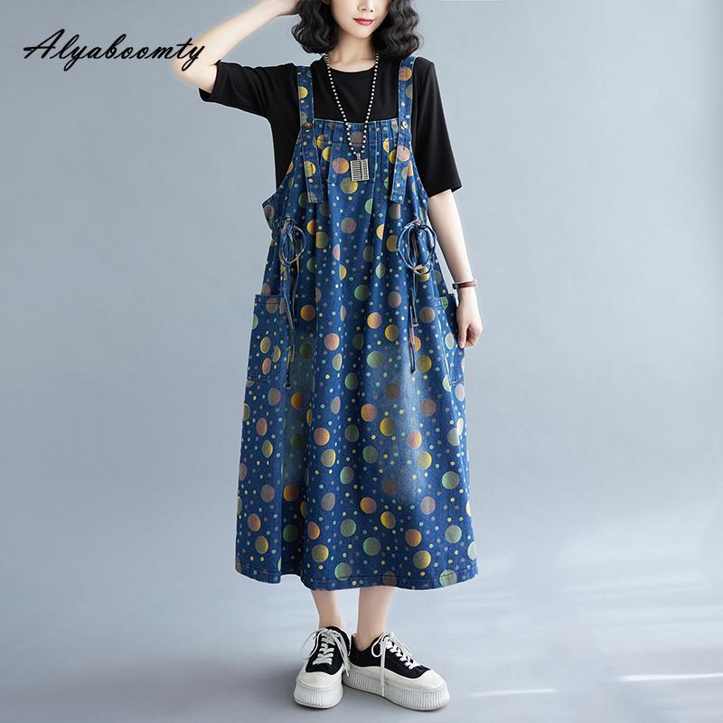 Letní ženy v korejském stylu Potisk Džínovina Midi Sundress Podvazky Vintage Ležérní Šaty s volným šněrováním Stylové pytlovité šaty s kapsami bez rukávů