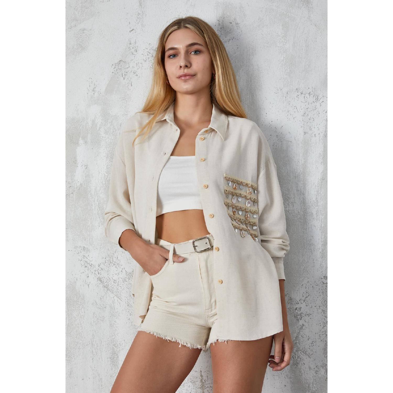 

Льняная рубашка Natur Oversize с аксессуарами 27079 S/M зелёный