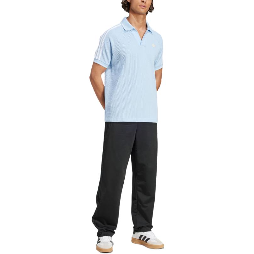 adidas Originals Waffle Knit Striped Shoulder Polo Shirt Men Tops Pink Blue Yellow KC0690