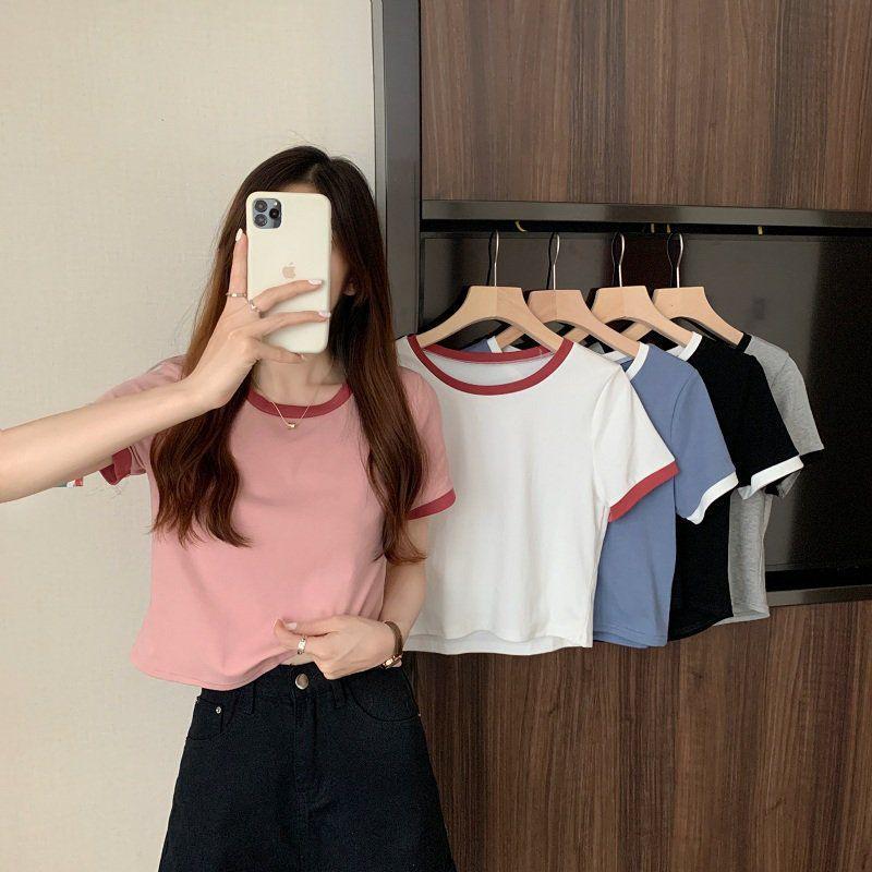 Women's Color Block Round Neck Slim Fit T-shirt - Korean Style Summer Base Layer