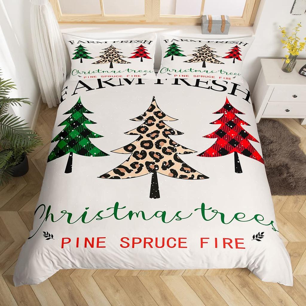 Merry Christmas Duvet Cover Set,Red Buffalo Checked Rustic Truck Comforter Cover,Plaid Xmas Tree Elk Deer Snowflake Bedding Sets