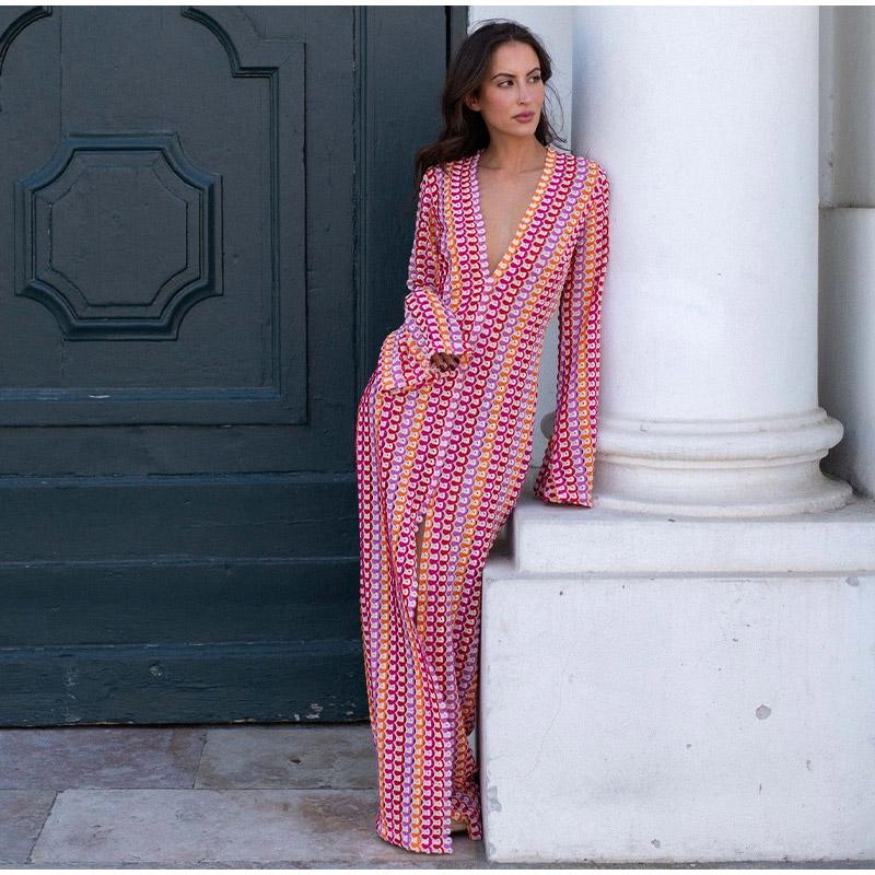 Лоскутное Женское Трикотажное Платье с Глубоким V-образным Вырезом — фото 14