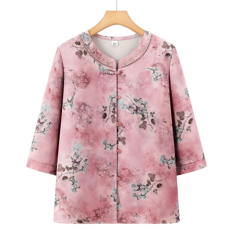 

2026 New Style Floral Print Mid-Sleeve Top for Elderly Women - Summer Grandma Shirt 3XL (suggested 115-130 jin) червоний