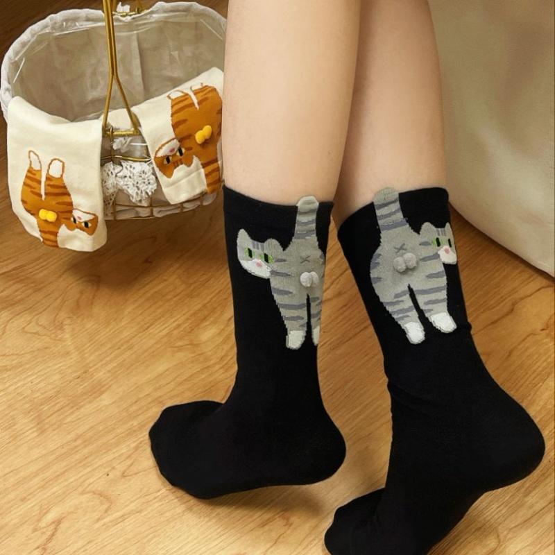 1/2Pair Cartoon Cute Cat Balls Cotton Socks Kawaii Lolita Knitting Socks Women Girls Middle Tube Sock Cat Butt Print Couple Sock