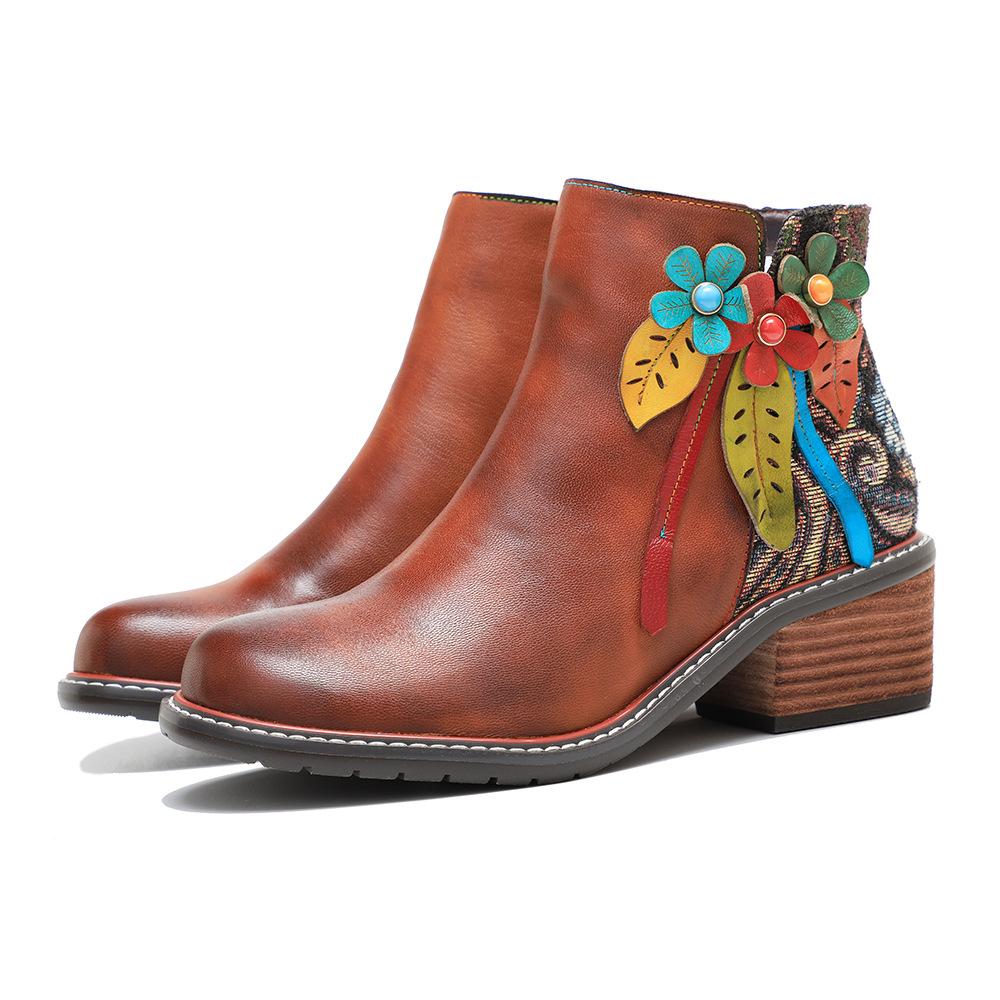 Johnature Genuine Leather Retro Shoes Women Short Boots Round Toe Patchwork Handmade Ankle Boots