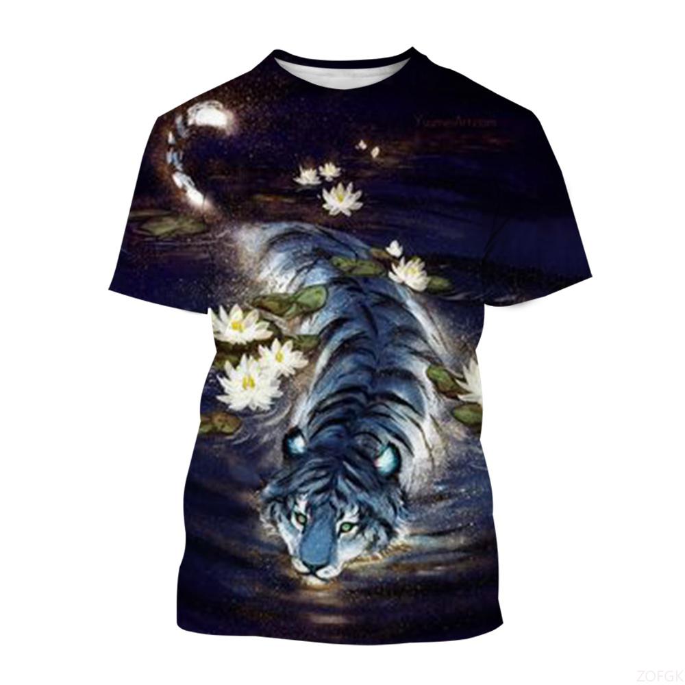 Men's T-Shirt Cute Tiger 3D Print Fashion Cartoon Pattern Short Sleeve O-Neck Pullover Top Leisure Loose Comfortable Clothing