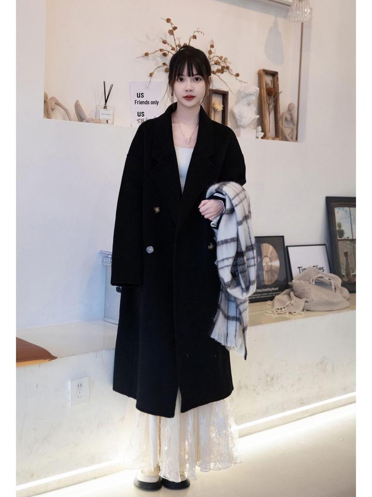 Korean Style Women's Long-Haired Double-Faced Wool Cashmere Cocoon Coat