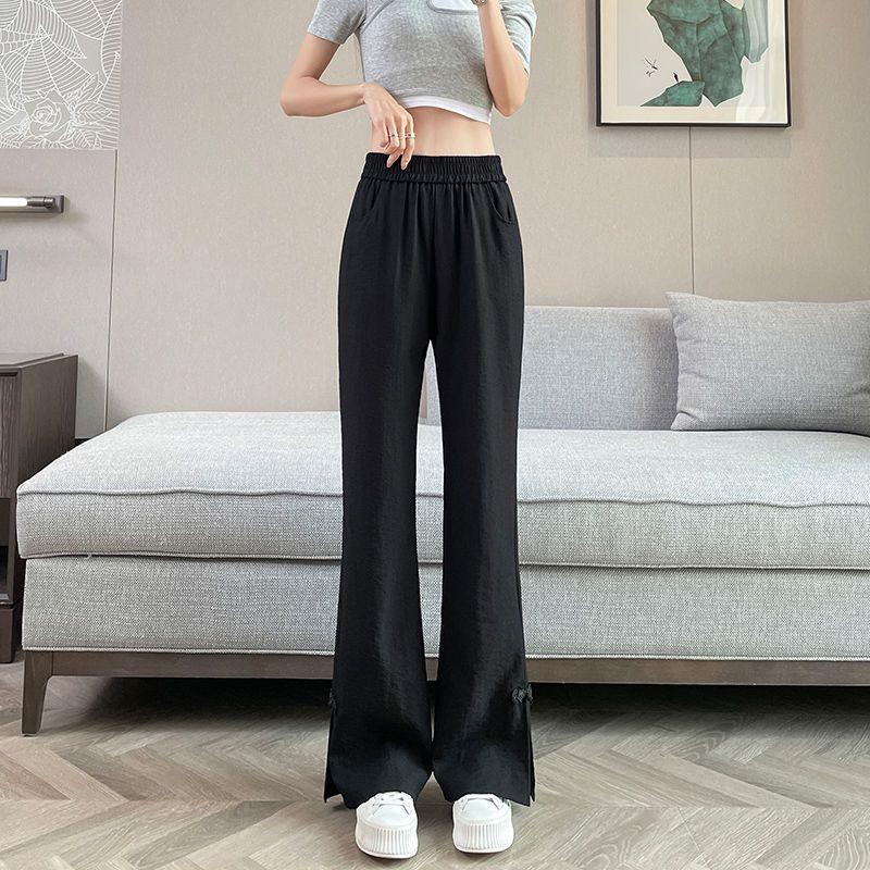 

2026 Plus Size Women s Ice Silk Micro-Flare Slit Pants: New National Style, Loose & Lightweight for Summer XL (121-140 jin) чёрный